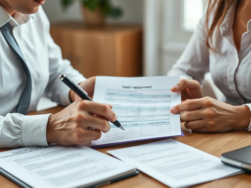 A close-up image of a person reviewing their debt repayment plan with a financial advisor, surrounded by documents and notes. The environment is calming and professional, suggesting a focused discussion on financial recovery.