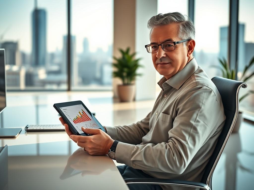 **Prompt for AI Image Generator:**

Create a realistic high-resolution photo focusing on a professional financial advisor seated at a modern, sleek desk. The advisor is a middle-aged person with a confident expression, engaging with a digital tablet showcasing financial charts and graphs. The scene conveys a sense of trust and expertise. 

Position the subject slightly off-center to the right, allowing for a clean view of the tablet's screen filled with colorful financial data. The background should be soft