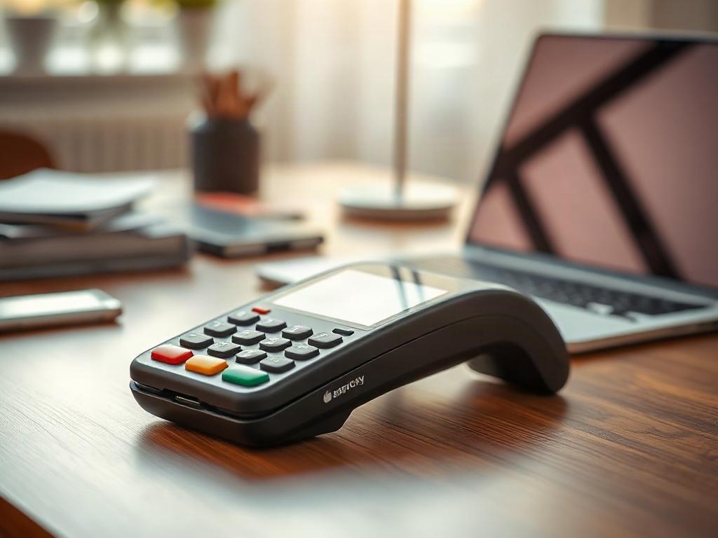 **Prompt for AI Image Generator:**

Create a realistic high-resolution close-up shot that captures the essence of B2B payment processing improvements. The composition should center around a sleek, modern credit card terminal placed on a clean, polished wooden desk. The terminal should be showcased from an angle that highlights its user-friendly interface and advanced features, emphasizing its suitability for business transactions.

The background should be softly blurred to evoke a professional office envir
