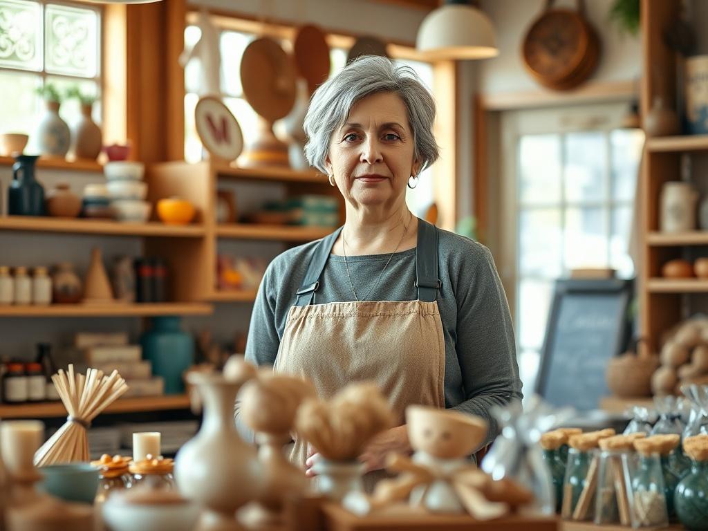 Create a realistic high-resolution photo that depicts a small merchant in a cozy, inviting retail environment. The scene features a middle-aged woman standing confidently behind a beautifully arranged display of handmade products, such as artisanal crafts and locally sourced goods. She is wearing a casual yet professional outfit, highlighting her role as a small business owner. 

The background includes wooden shelves filled with colorful merchandise, adding a warm and welcoming feel to the space. Additiona