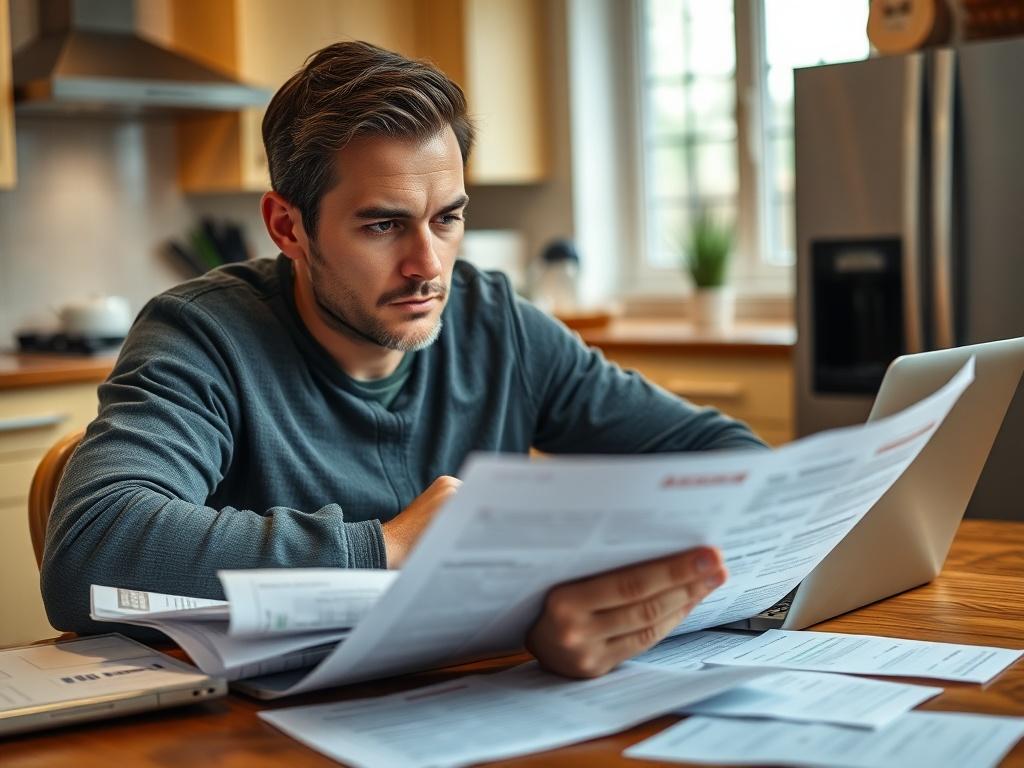 A focused individual reviewing their financial documents at a kitchen table, surrounded by bills and a laptop. The background is a warm, inviting home setting, emphasizing a personal approach to debt management. The individual appears determined and engaged, showcasing the importance of taking control of financial challenges. The composition highlights the documents and the determination to overcome debt.