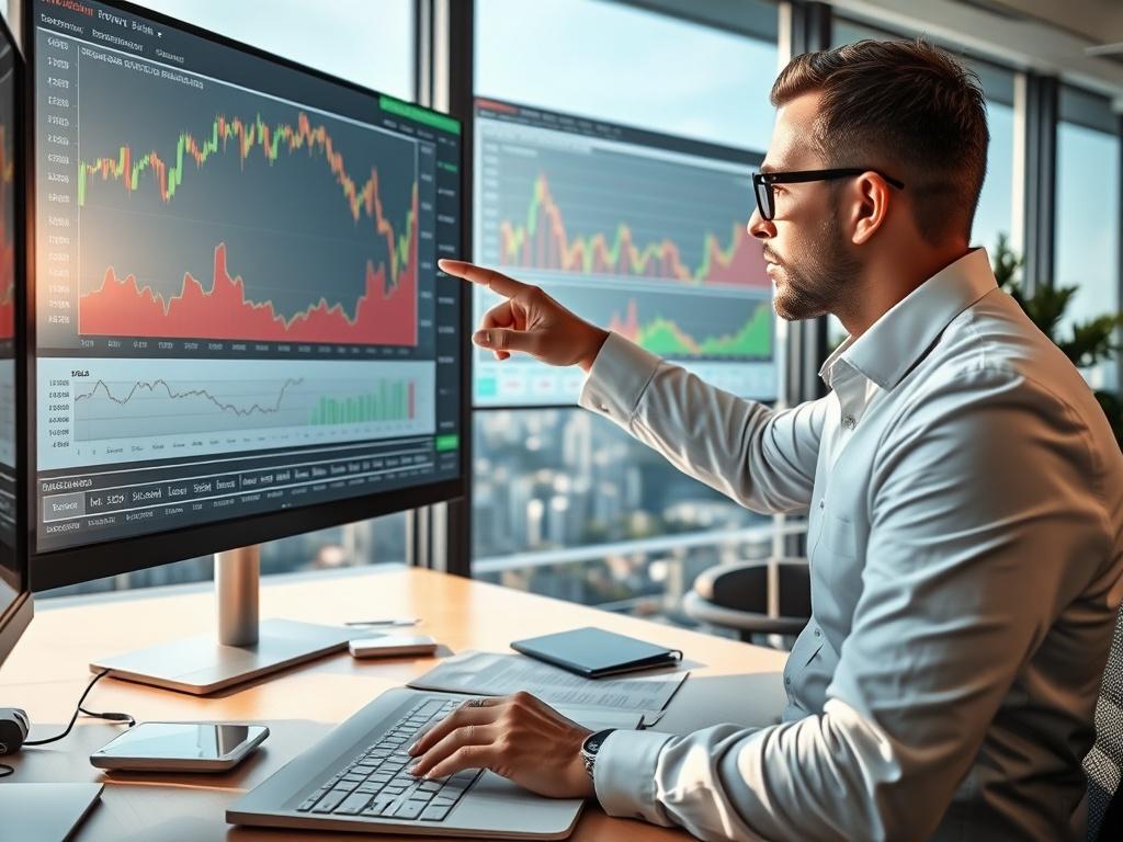 A financial advisor analyzing stock market data on a large screen in an office. The background includes financial charts and graphs, with a window view of a city skyline. The advisor is pointing at the screen, illustrating a key investment strategy. The composition is focused on the advisor, showcasing their expertise and the modern tools used for investment analysis.