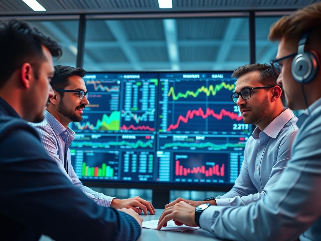 A close-up shot of a team of financial analysts collaborating over a large screen displaying complex financial data. The environment should feel dynamic and energetic, with a modern office background, using vibrant colors that resonate with RGB(90, 209, 246).