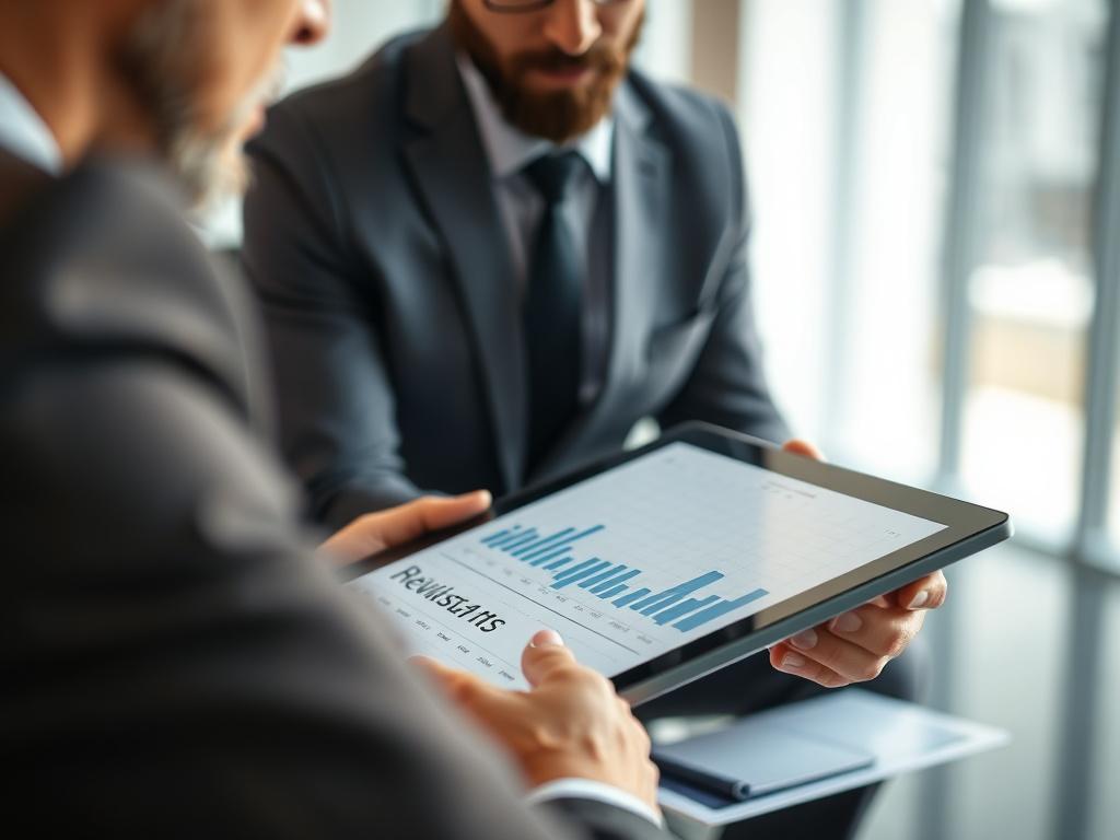 A close-up image of a financial advisor reviewing investment portfolios with a client. The scene includes charts and financial graphs on a tablet, with a blurred background of a modern office space, emphasizing professionalism and focus.