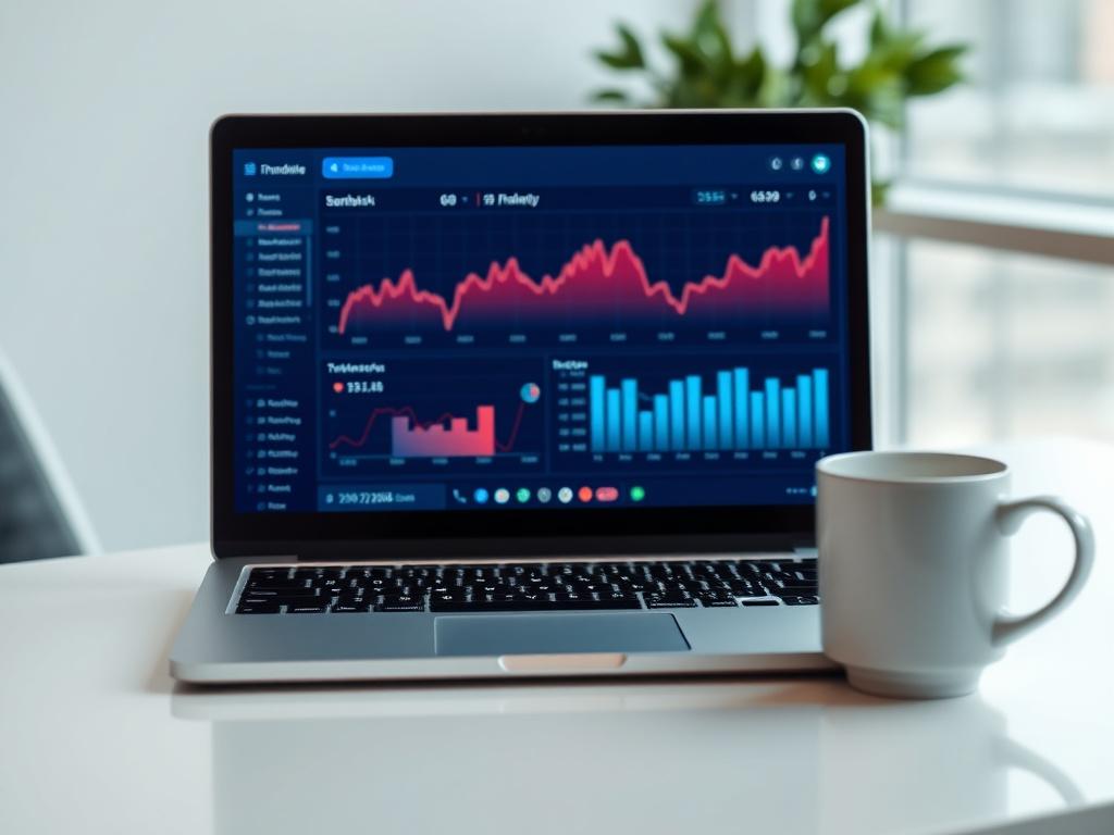 A close-up shot of a laptop displaying a financial dashboard with graphs and charts, set on a modern desk with a coffee cup beside it. The background should be softly blurred to keep the focus on the laptop screen, captured in vibrant colors reminiscent of RGB(90, 209, 246).