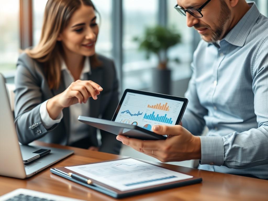 A close-up shot of a financial advisor discussing with a client over a tablet, showcasing graphs and analytics. The setting should be a professional office environment, with a soft focus on the background, emphasizing the interaction. Include colors that align with RGB(90, 209, 246).
