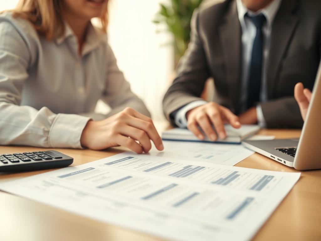 A close-up shot of a professional financial planner discussing with a client in a cozy office setting. The focus is on a financial planning document laid out on the table, with a calculator and a laptop in the background. The lighting is warm and inviting, creating a sense of trust and professionalism.