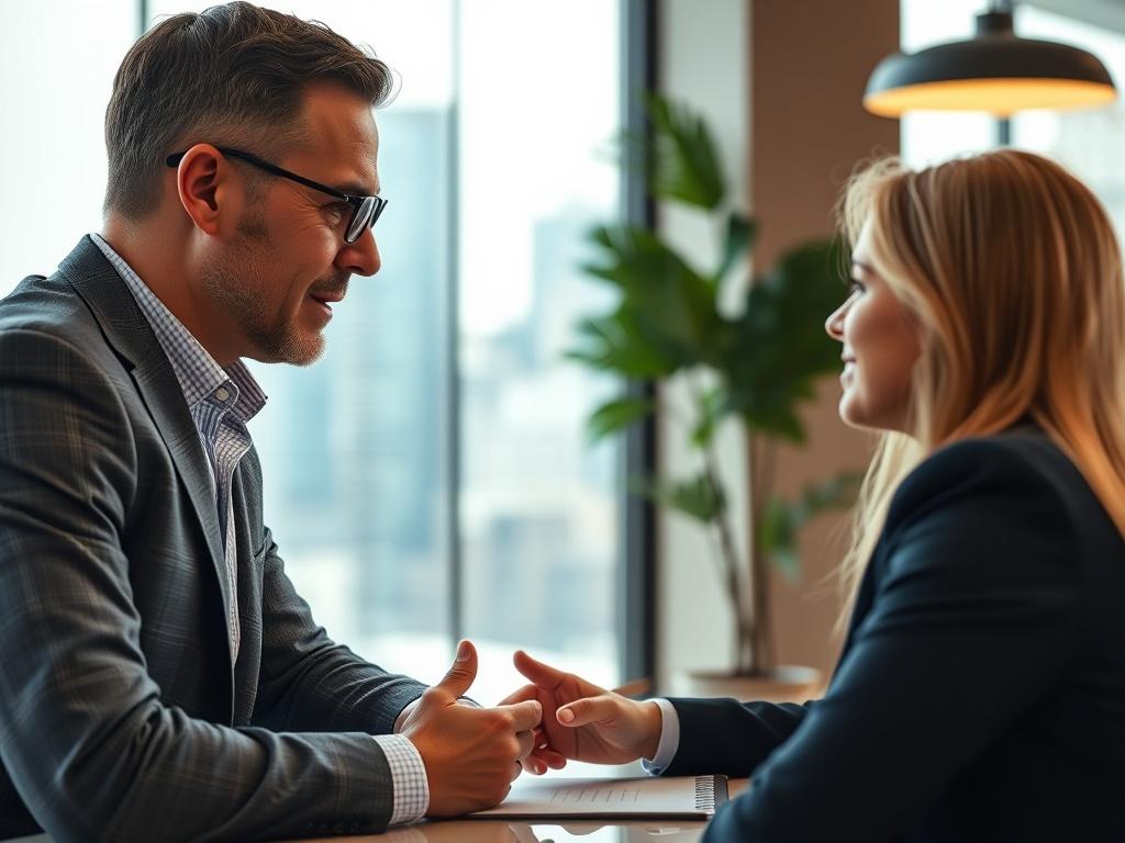 A focused shot of a financial consultant discussing investment strategies with a client in a modern office setting. The background features a large window with city views, showcasing a professional and inviting atmosphere.
