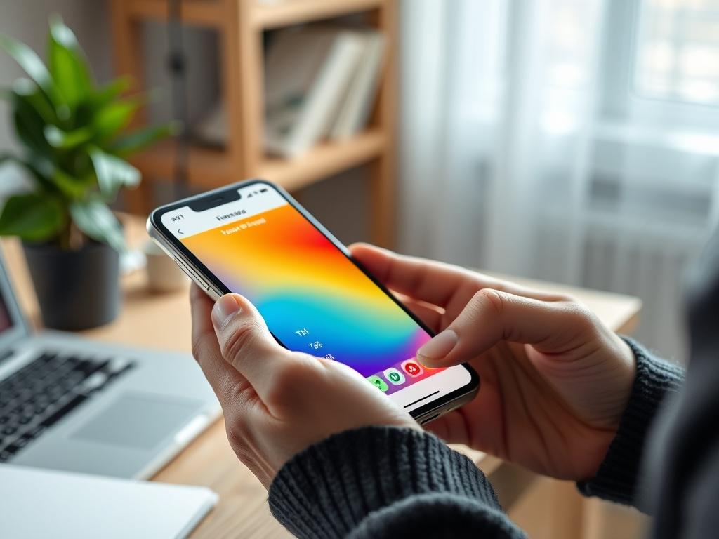 A close-up shot of a person using a smartphone app to manage their finances. The background should be a cozy home office with a desk, laptop, and a plant, focusing on the vibrant colors of the app interface on the smartphone.