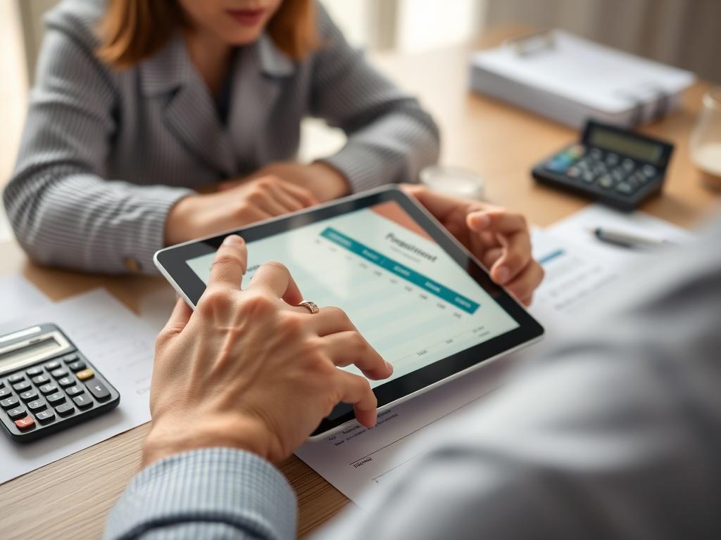 A close-up shot of a person reviewing their debt repayment plan on a tablet. The background should be a clean, organized workspace with financial documents and a calculator, emphasizing clarity and focus.