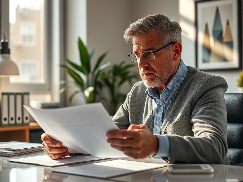 **Prompt for AI Image Generator:**
Create a highly detailed, realistic high-resolution photo that reflects the theme of financial oversight in lending agreements. The composition should be simple and clear, featuring a single subject: a focused close-up of a business owner, a middle-aged individual with an expression of concern, analyzing a document. The subject should be seated at a modern desk, illuminated by soft, natural light streaming in from a window, highlighting the document in their hands.
In th