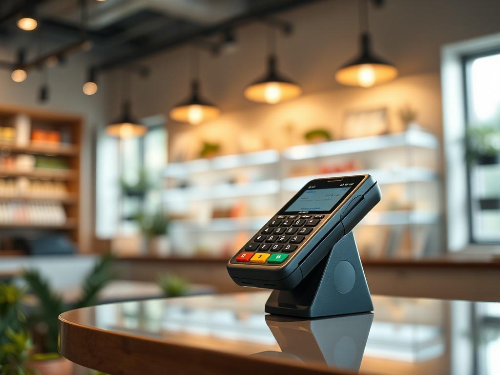 Create a realistic high-resolution photograph focusing on a close-up shot of a cannabis payment processing device. The device should be sleek and modern, showcasing an intuitive interface that reflects advanced technology. Position the device in the center of the frame, angled slightly to capture its features without distractions. 

The background should be softly blurred, emphasizing the device as the singular subject. Include subtle hints of a comfortable, well-lit retail environment, such as hints of can