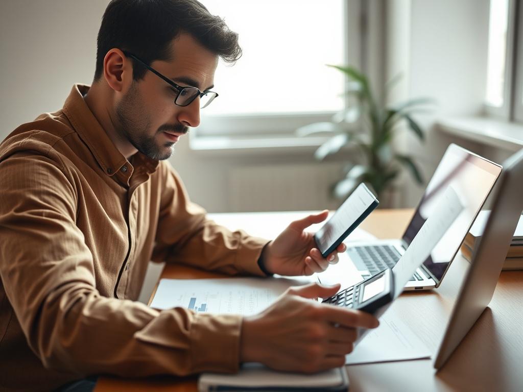 A close-up shot of a person sitting at a desk, analyzing financial documents with a calculator, surrounded by notes and a laptop. The setting is well-lit, with soft natural light coming from a nearby window, creating a warm atmosphere. The image captures focus on the individual's expression of concentration and determination, showcasing the importance of personal finance coaching. The background should be simple and uncluttered, emphasizing the subject.