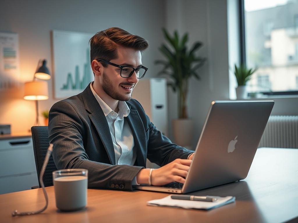 Create a realistic high-resolution photo that visually represents the concept of a payment processing approval. The image should feature a close-up shot of a person sitting at a sleek, modern desk, focused on their laptop screen with a look of concentration. The subject, a mid-30s professional in business attire, should have an expression of satisfaction as they review a digital approval notification.  

In the background, include a neatly arranged office space that conveys a sense of professionalism, with 