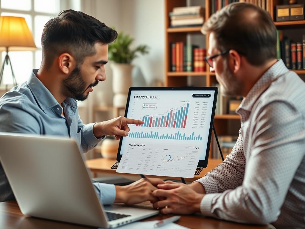 A close-up shot of a financial planner discussing a personalized financial plan with a client. The planner is pointing at a detailed financial chart on a laptop screen. The background features a cozy office setting with warm lighting and financial books on the shelves.