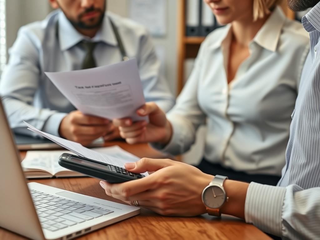 A close-up shot of a tax advisor explaining tax optimization strategies to a client using tax documents and a calculator. The background features a professional office with tax-related books and a laptop.