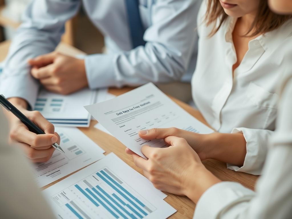 A close-up shot of a financial advisor reviewing debt repayment options with a client. The background showcases organized paperwork and financial documents, creating a sense of clarity and focus on overcoming debt.