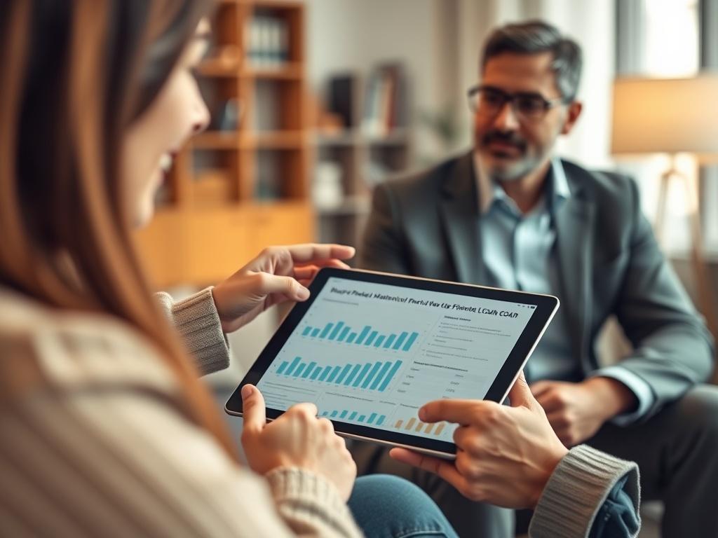 A close-up shot of a financial coach discussing a budget plan with a client, set in a comfortable office environment. The focus is on their hands gesturing towards a financial chart on a tablet. The background is a softly blurred office setting with a warm ambiance, emphasizing professionalism and trust.