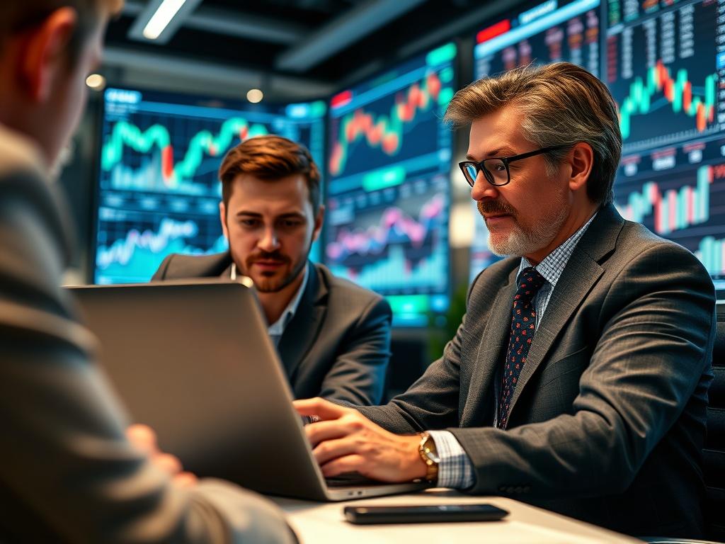 A close-up shot of a financial consultant analyzing stock market data on a laptop with a client. The setting is a modern office with financial charts and graphs displayed in the background, creating an atmosphere of strategic planning and investment.