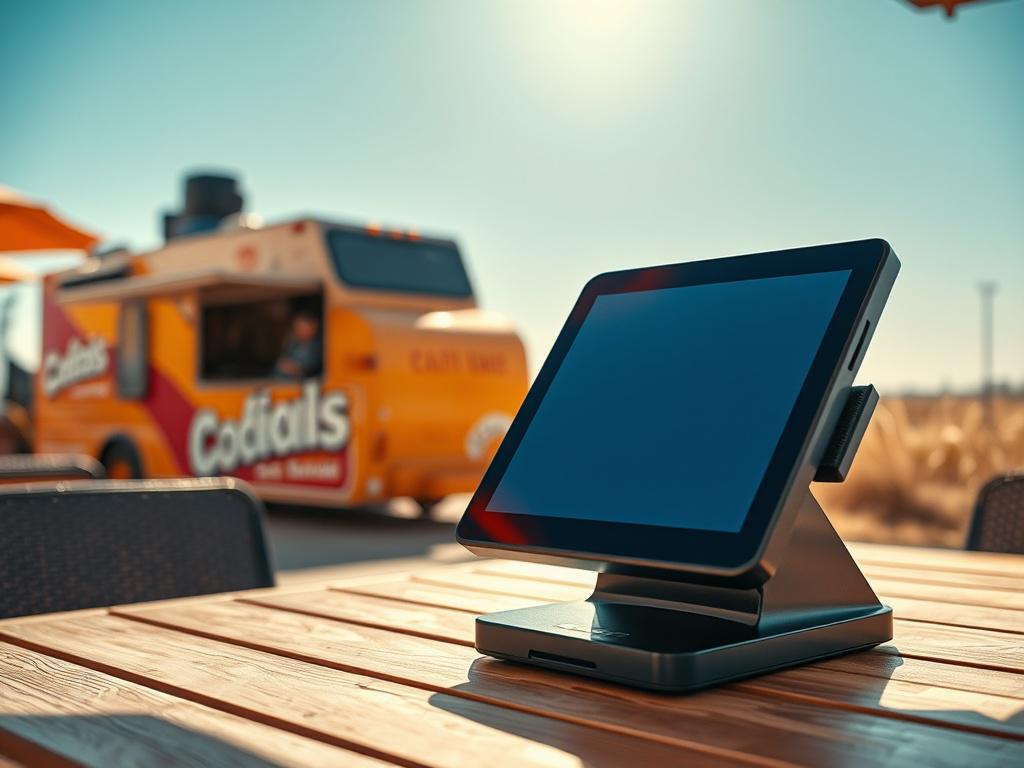 **AI Image Generation Prompt:**
Create a highly realistic, high-resolution image featuring a single-point of focus that illustrates the theme of POS systems enduring the heat of Texas. The subject of the image should be a modern, sleek POS terminal set on a wooden outdoor patio table, under the scorching sun of a Texas summer day. 
The POS terminal should be active, displaying a clear and user-friendly interface, suggesting it’s being used in a bustling restaurant or food truck environment. Emphasize the