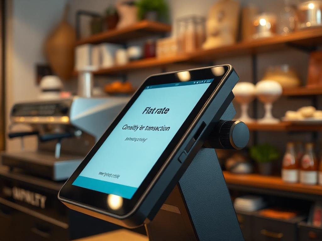 **AI Image Generation Prompt:**

Create a highly realistic, high-resolution close-up image that represents the concept of flat-rate payment processing in a business environment. The composition should feature a single subject: a sleek, modern point-of-sale (POS) terminal, preferably in a small business setting, such as a café or boutique. The POS terminal should be prominently displayed, showcasing its user-friendly interface.

The background should be softly blurred to emphasize the POS terminal, with hint
