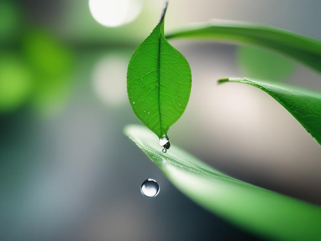 A close-up shot of a vibrant green leaf holding a single droplet of water, symbolizing sustainability and eco-friendliness. In the background, there should be a blurred depiction of plastic waste being transformed into renewable fuel, emphasizing the process of converting waste into energy. The image should be captured with a 45mm f/1.2 lens for a hyper-realistic effect, showcasing the intricate details of the leaf and water droplet, while maintaining a clean and focused composition.