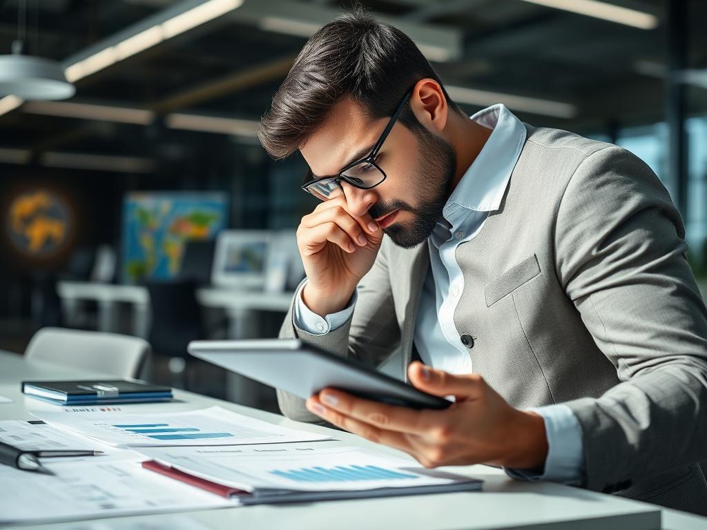 A business professional deep in thought, analyzing charts and graphs