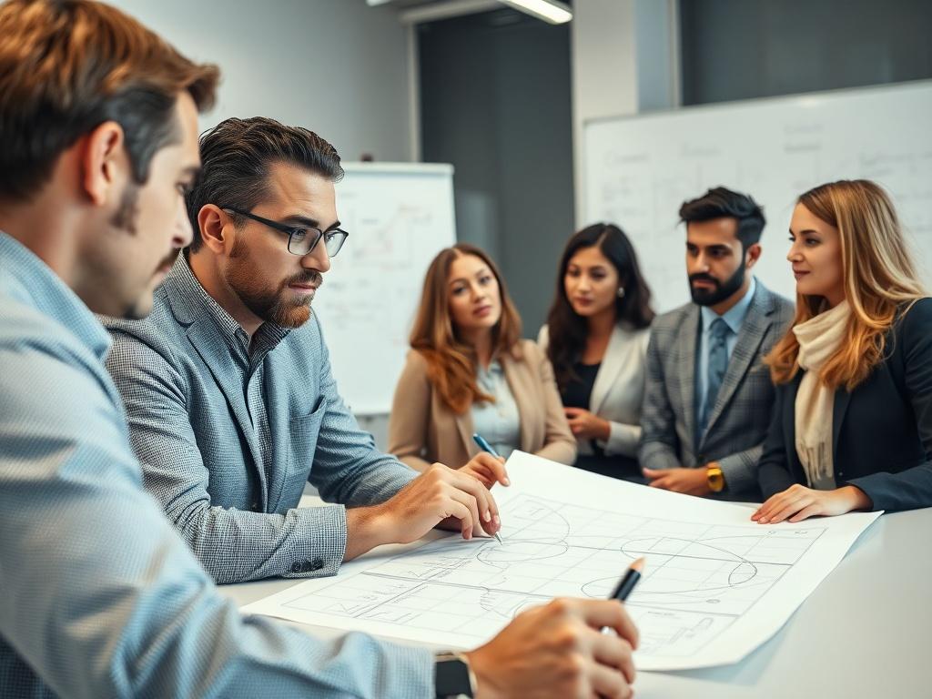 A professional consultant discussing strategic planning with a business team in a modern office setting. The scene captures focused expressions and engaging dialogue, with a whiteboard filled with diagrams and notes in the background. The composition emphasizes collaboration and problem-solving, showcasing diverse team members in a bright, well-lit environment.