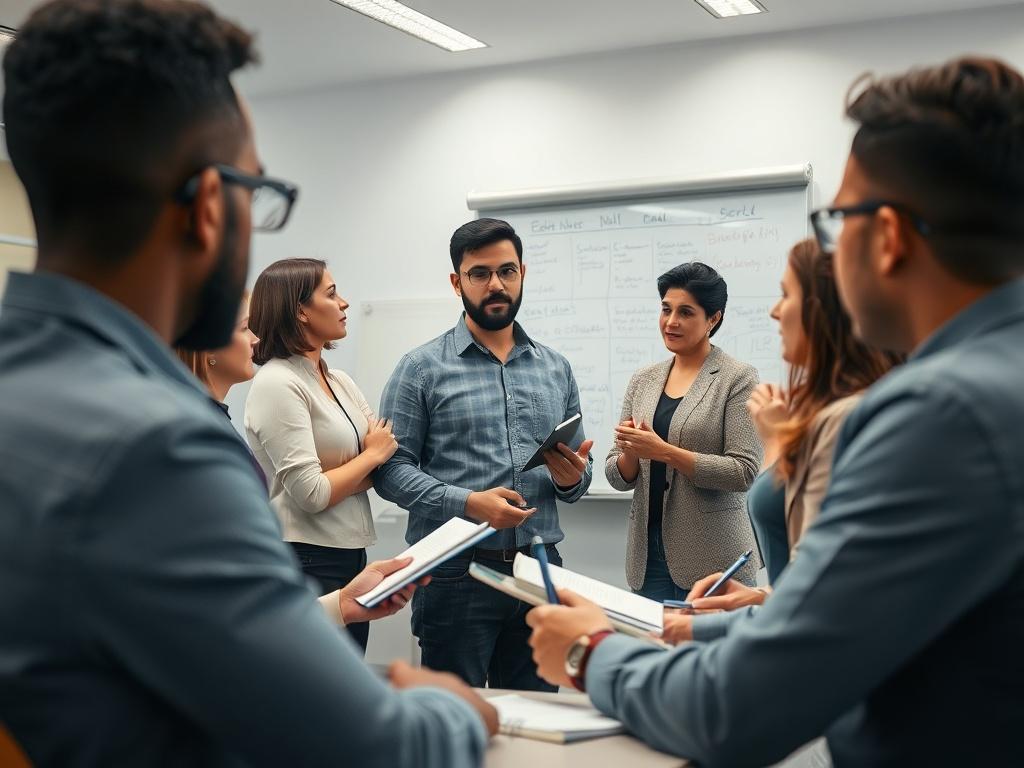 An engaging leadership development workshop in session, with a diverse group of participants actively interacting. The scene highlights a facilitator guiding discussions, with participants taking notes and brainstorming ideas on a whiteboard. The atmosphere is collaborative and dynamic, set in a bright, inviting training room.