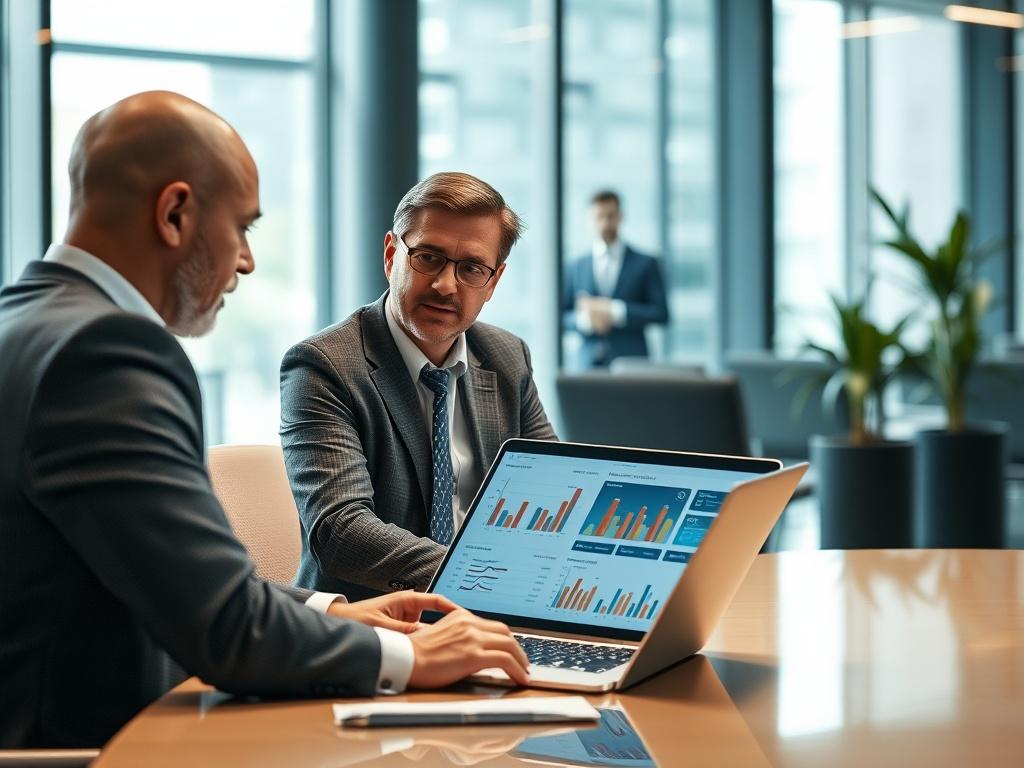 A consultant reviewing operational efficiency with a business owner in a sleek office environment. The image showcases charts and graphs displayed on a laptop screen, symbolizing data analysis and performance metrics. The focus is on the engaged discussion, with a backdrop of a modern workspace that reflects professionalism and innovation.