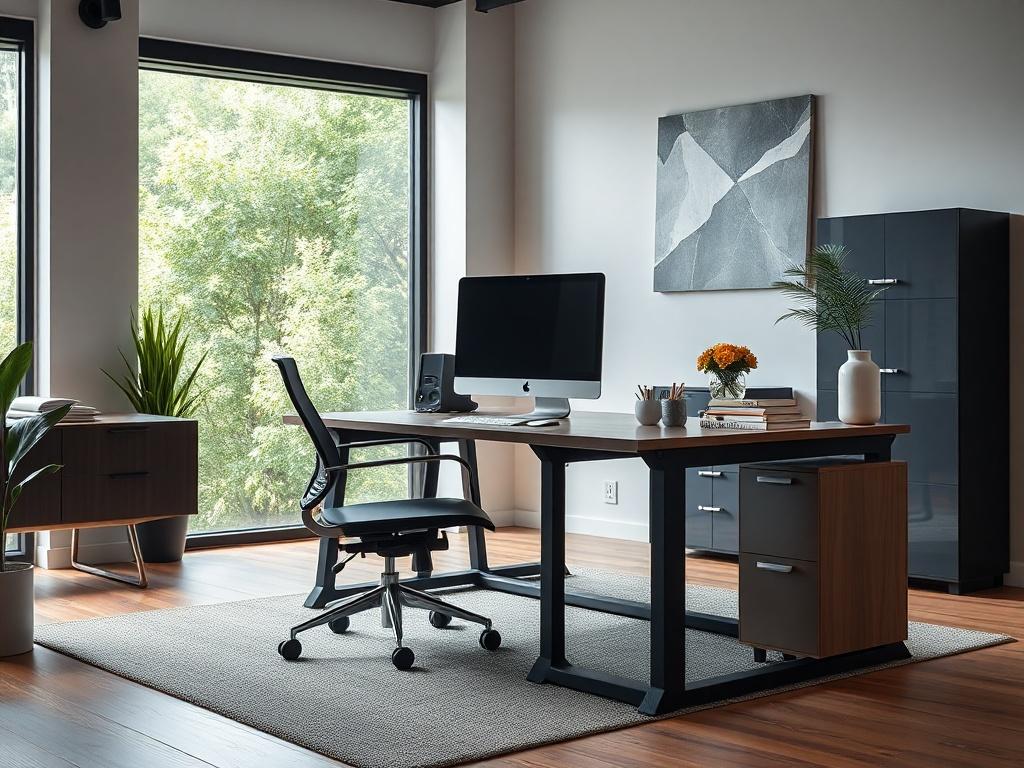 A hyper-realistic close-up shot of a modern office workspace featuring sleek furniture, advanced technology, and an aesthetically pleasing design. The image showcases a stylish desk with a high-end computer, ergonomic chair, and contemporary decor. The backdrop includes a large window allowing natural light to illuminate the space, with greenery visible outside, creating a fresh and inviting atmosphere. The composition is simple and focused, highlighting the workspace as the sole subject.