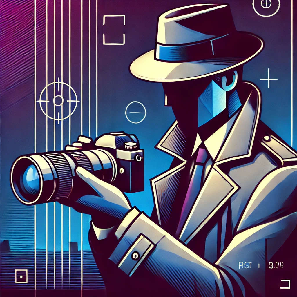 dall·e 2025-03-19 14.38.37 - a modern, stylized digital illustration of a private investigator conducting surveillance. the investigator wears a trench coat and fedora, holding a .webp