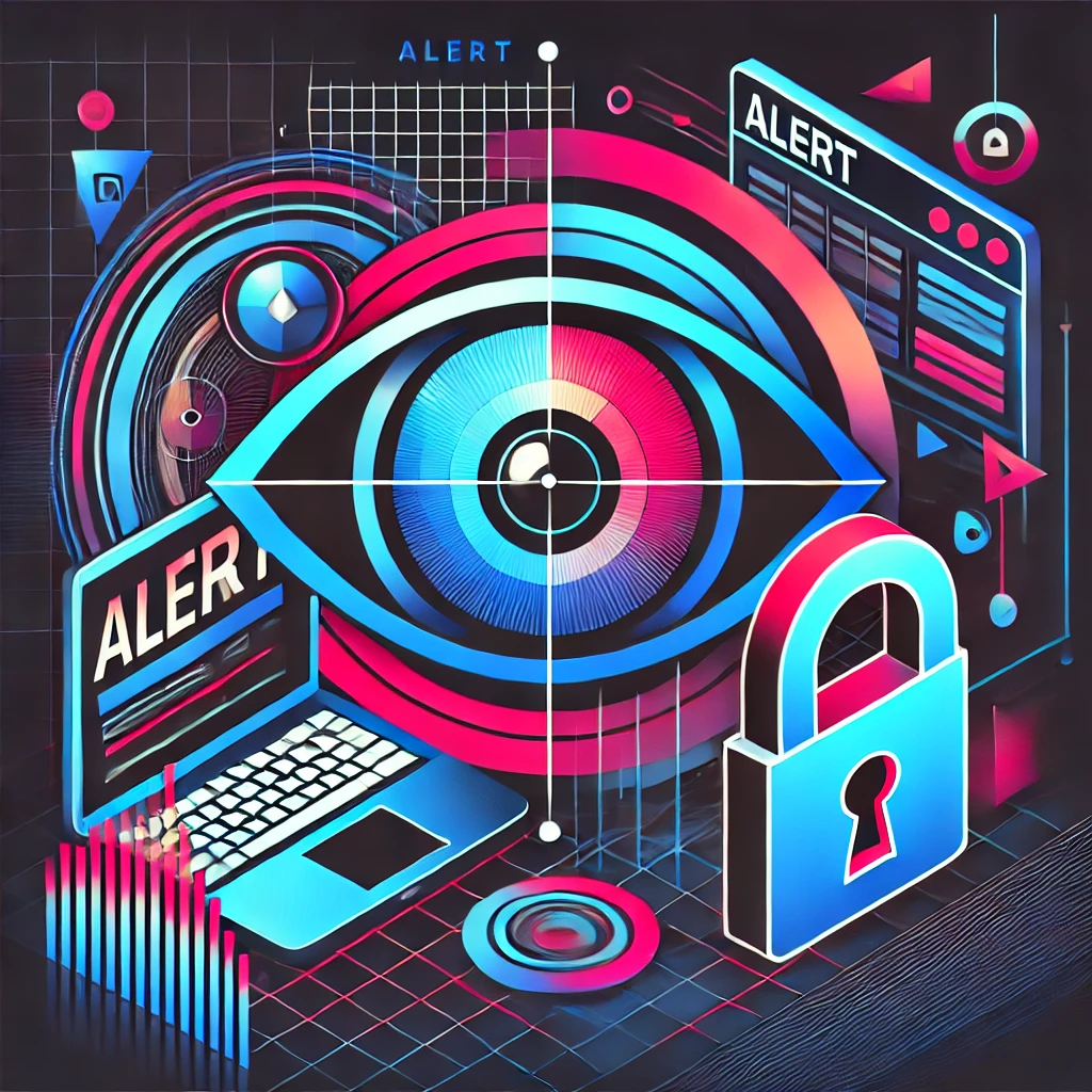 dall·e 2025-03-19 14.40.35 - a modern cybersecurity-themed illustration featuring an abstract eye scanning a computer screen. the design includes a bold "alert" sign, a digital lo.webp