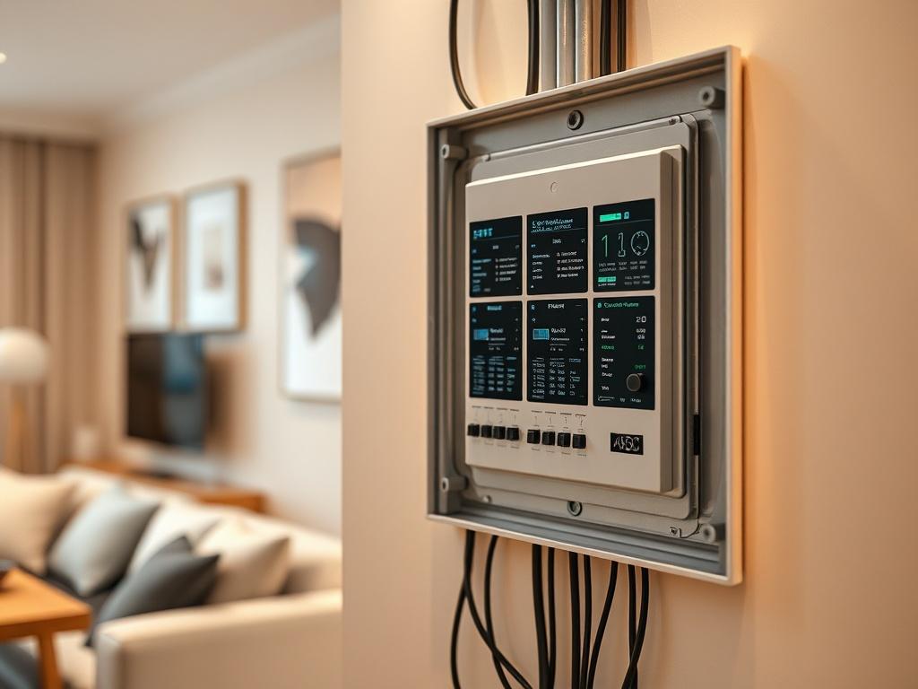 A hyper-realistic close-up shot of a modern electrical panel in a beautifully designed home, showcasing sleek lines and innovative technology. The panel should be well-lit, highlighting its features, with a soft, warm background that complements the colors of the home interior. Use a 45mm f/1.2 lens style to create a depth of field effect, focusing solely on the panel.
