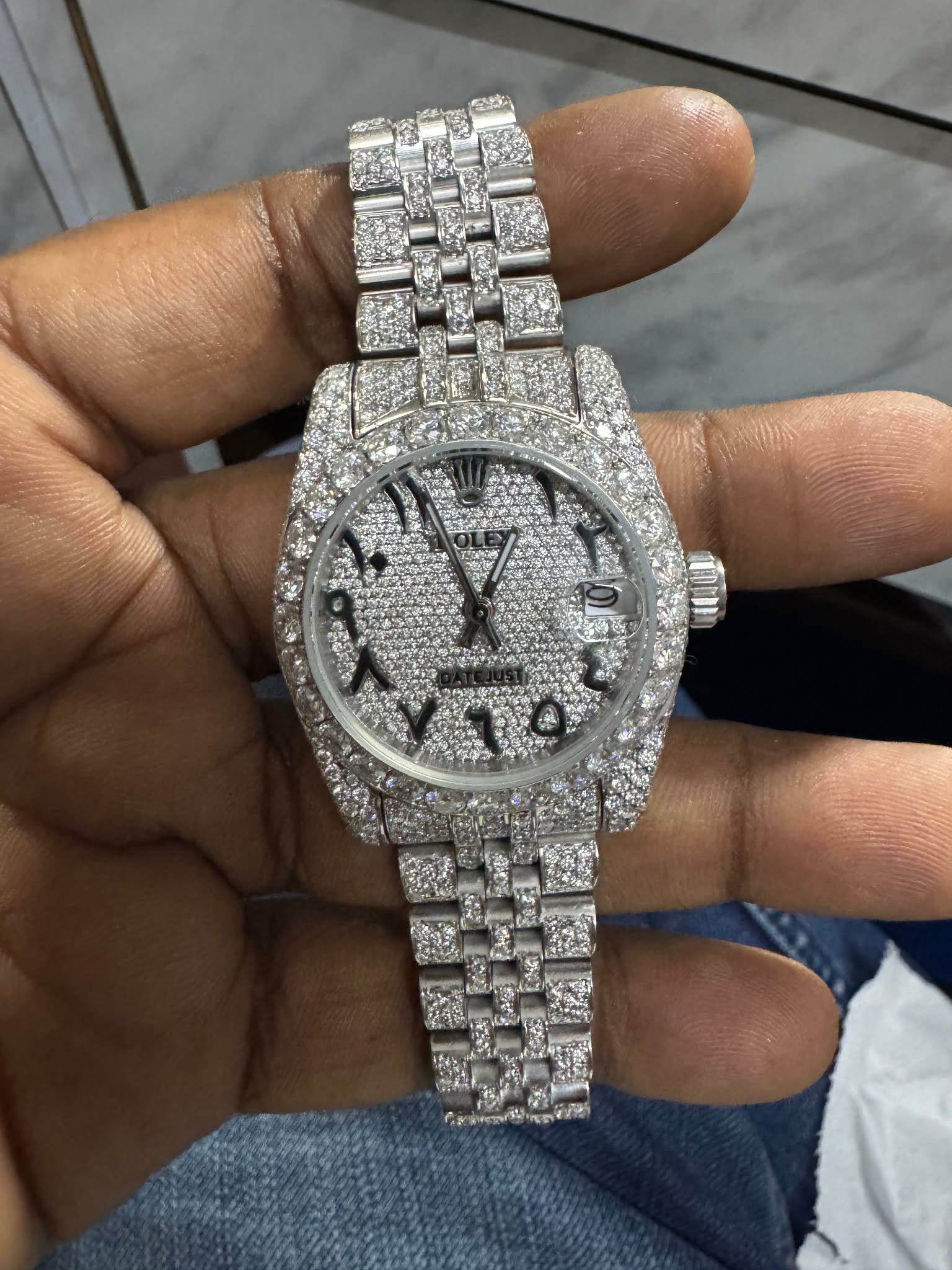 Rolex DateJust Arabic with moissanite in sterling silver – premium luxury timepiece at SoleLow