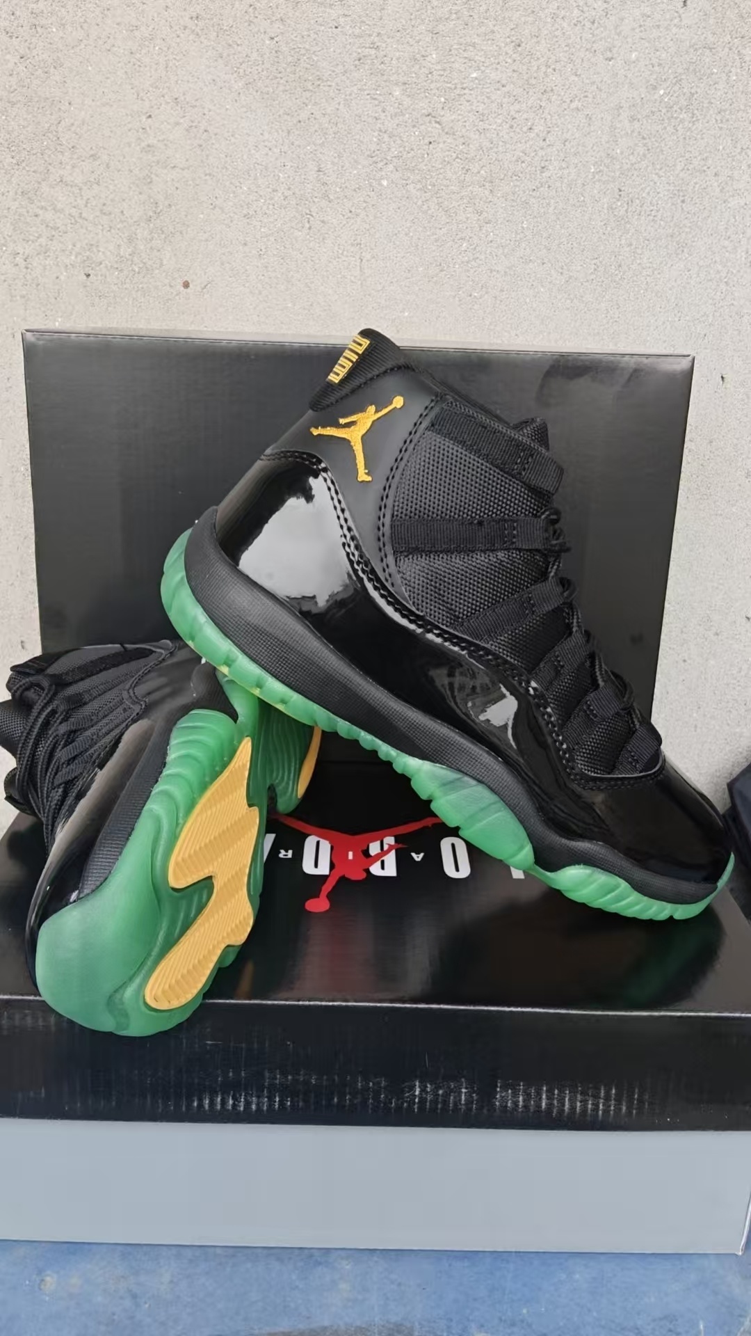Air Jordan 11 Retro Stealth Tropic Custom alternate angle – green glow midsole detail