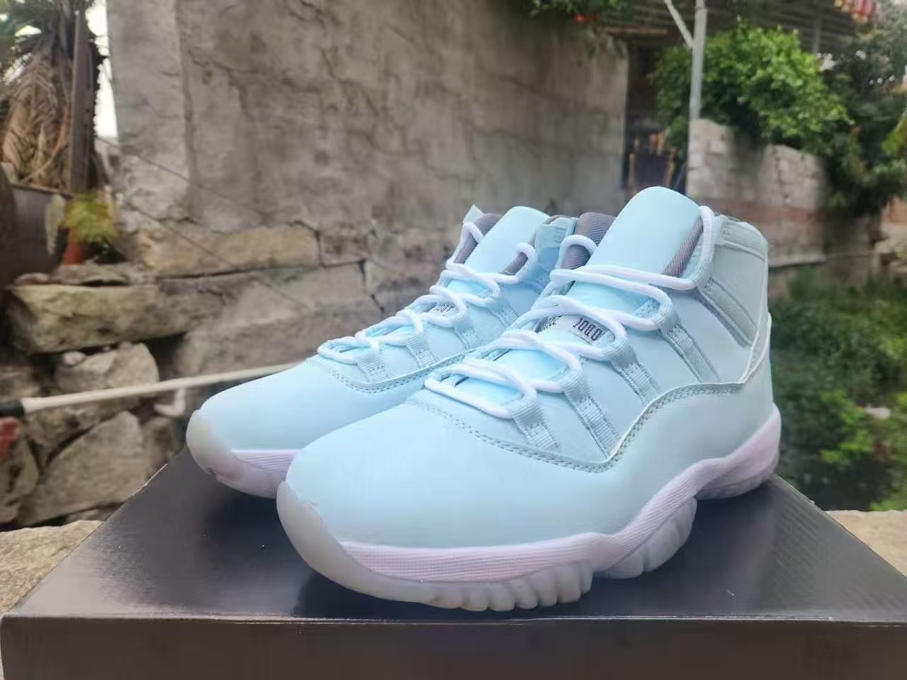 Air Jordan 11 Retro Football Blue Custom alternate angle – light blue patent leather detail