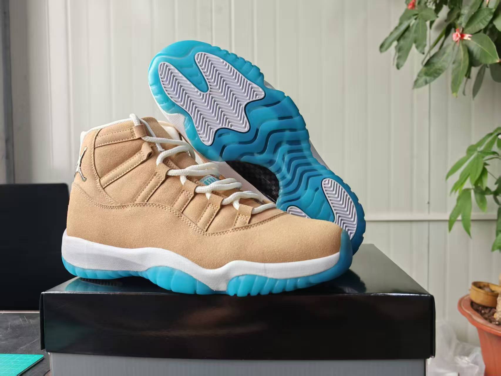 Air Jordan 11 Retro Houston Custom 378037-CUSTOM-HT Wheat Columbia Blue White – premium QC stock at SoleLow