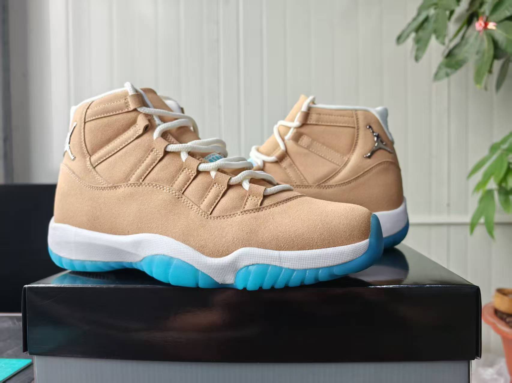 Air Jordan 11 Retro Houston Custom 378037-CUSTOM-HT Wheat Columbia Blue White – alternate angle at SoleLow