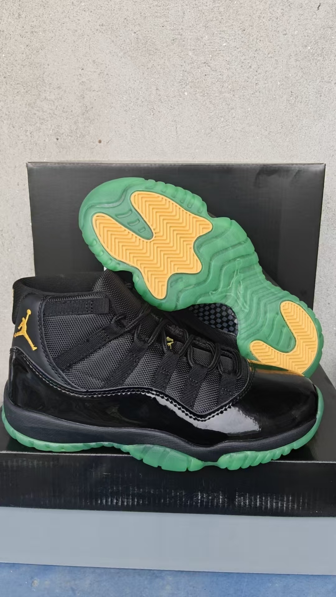 Air Jordan 11 Retro Stealth Tropic Custom Black Green Glow Metallic Gold – premium QC stock at SoleLow