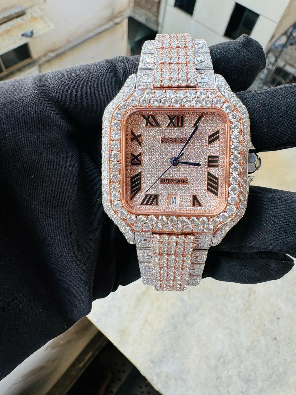 Cartier Santos luxury watch with moissanite in 18k rose gold – premium luxury timepiece at SoleLow