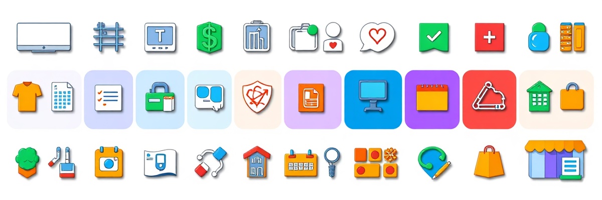 Colorful grid of industries including technology, finance, healthcare, manufacturing, and retail