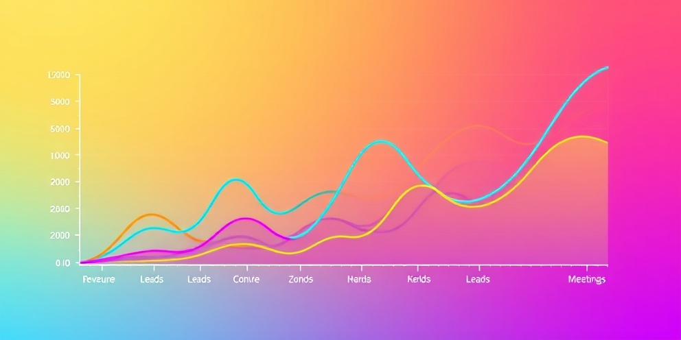 Dynamic growth chart showing revenue, leads, conversions, and meetings metrics