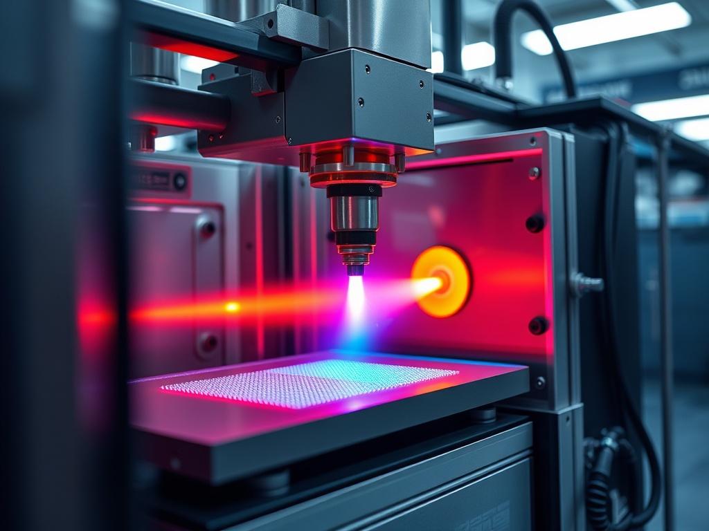 A close-up shot of a high-tech semiconductor manufacturing facility showcasing the Quantum Plasma ASI technology in action. The focus is on a plasma etching machine with glowing plasma visible, set against a clean, modern background of the facility. The image should convey precision and advanced technology, with vibrant colors highlighting the plasma's glow and the sleek design of the machinery.