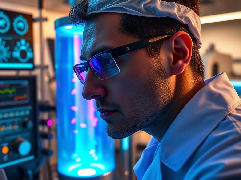 A close up shot of a scientist in a modern