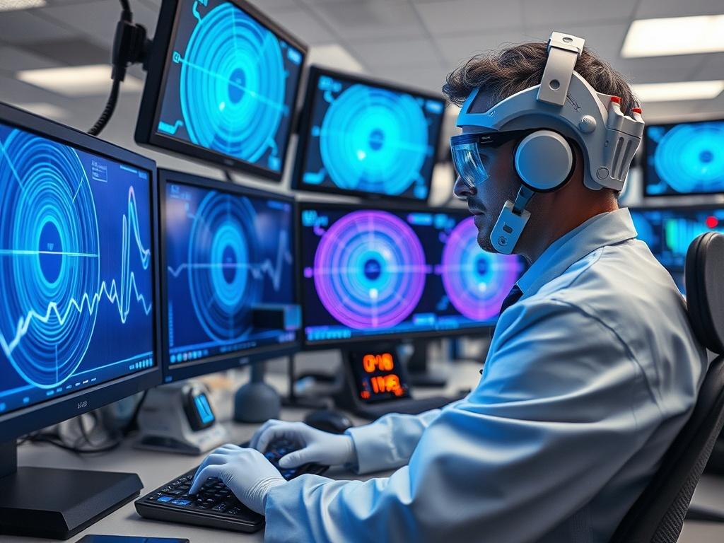 A hyper realistic image of a laboratory technician operating advanced