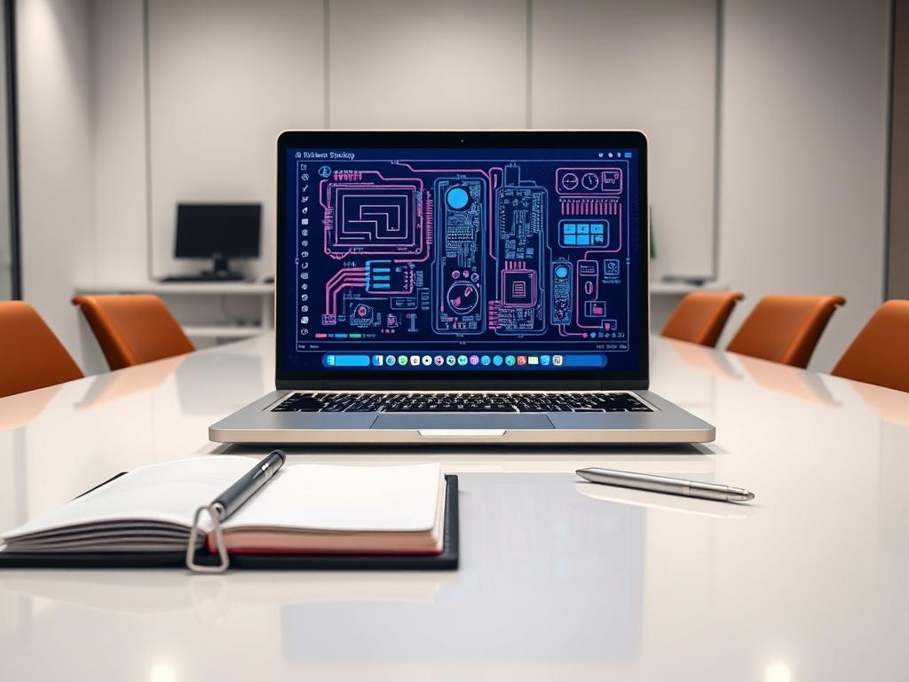 A professional meeting room setup with a clean table, a