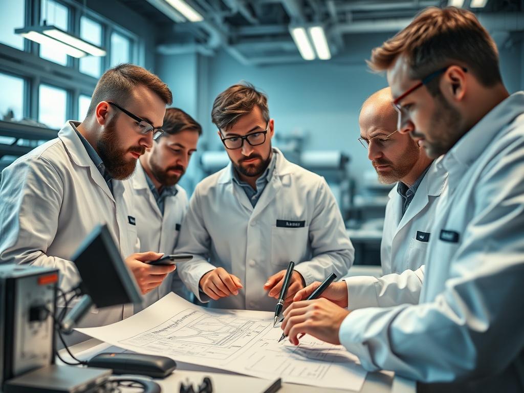 A close up shot of a team of engineers discussing