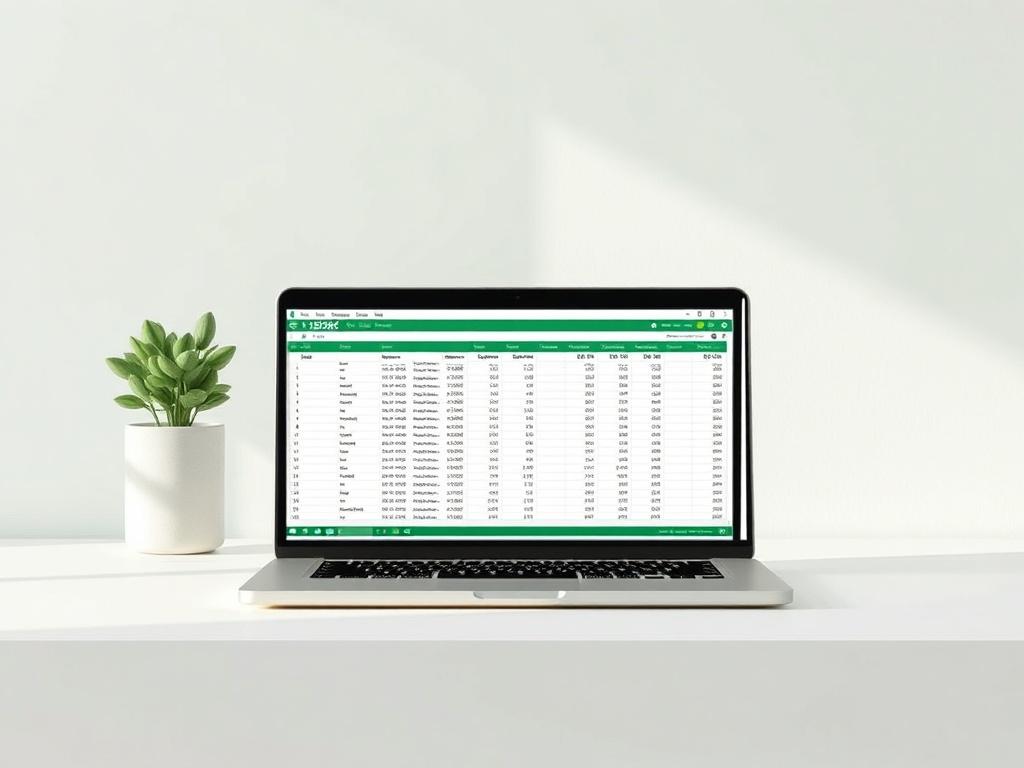 A clean, minimalistic workspace featuring a laptop displaying a spreadsheet with organized data. The background should be soft and neutral, with a hint of green to align with the primary color #136A5C. The focus should be on the laptop, emphasizing clarity and simplicity in layout.
