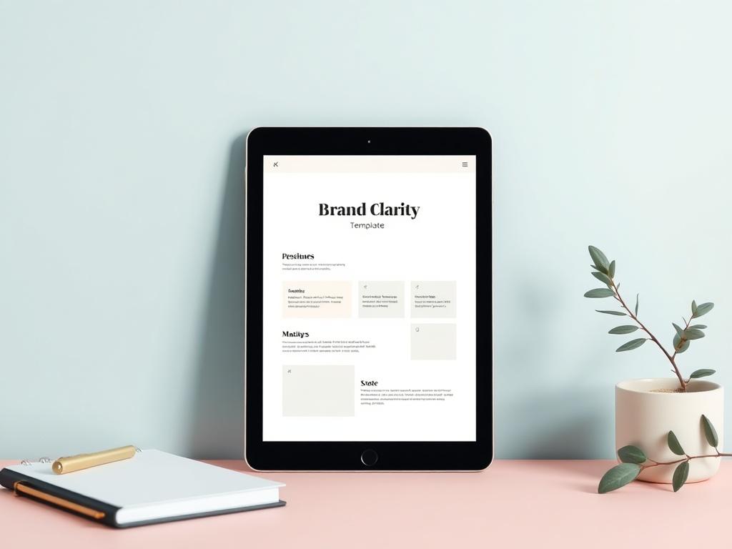 A minimalistic image showing a digital tablet displaying a brand clarity template. The background should be simple and elegant, with soft colors that complement the primary color of #136A5C. Include subtle elements like a notepad and a plant to create a fresh, inspiring workspace.